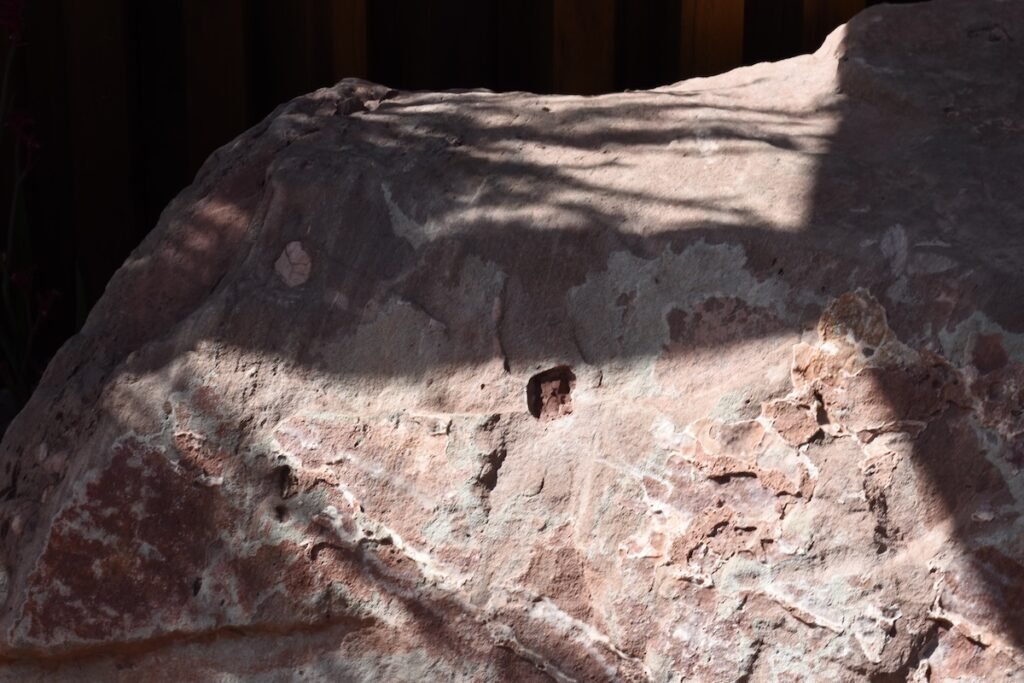 Red Boulder in the light on Journey Beyond the Tracks garden.
